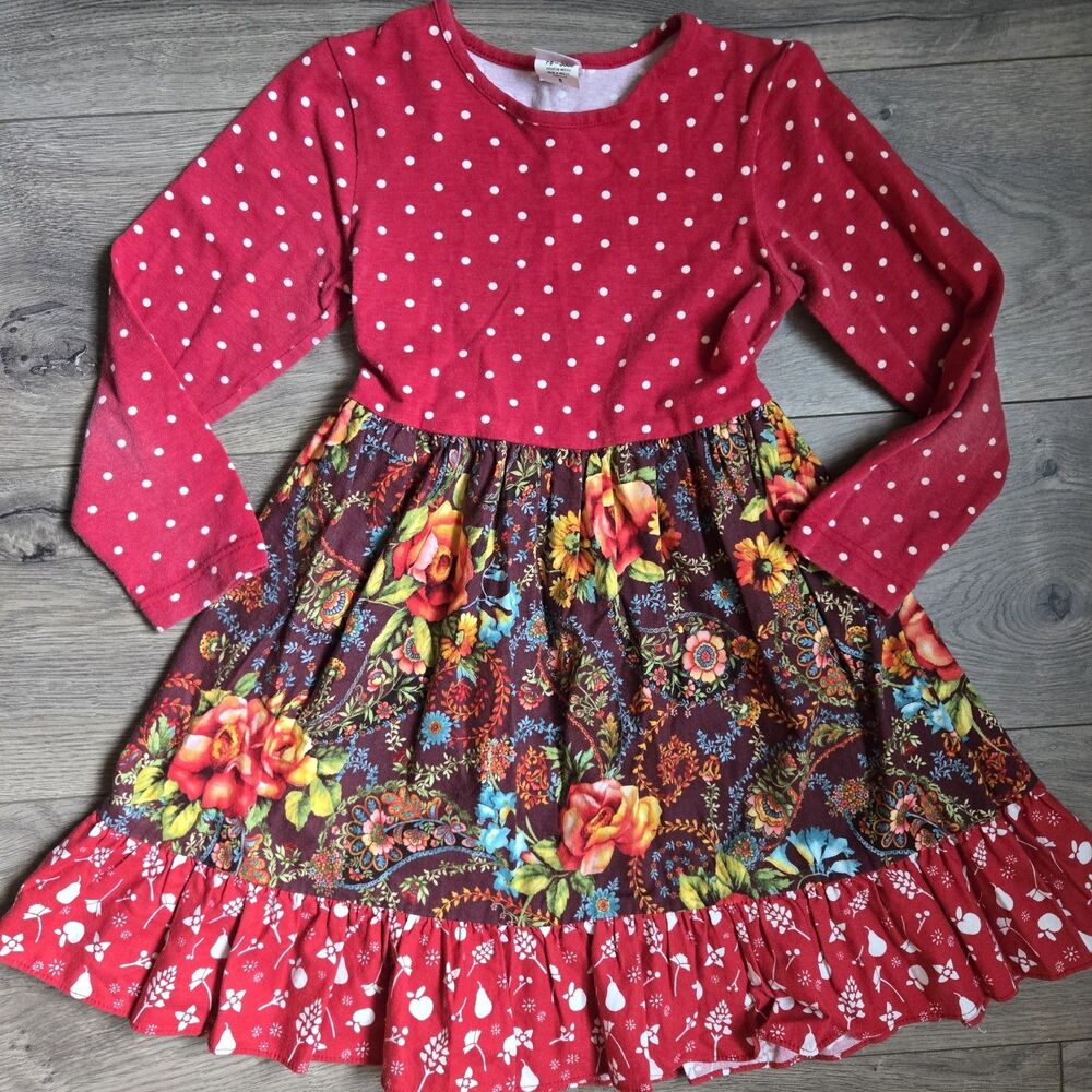 Ricrac & Ruffles Girls 6 Dress Red Polka Dot Floral Cottagecore Kidcore Tiered